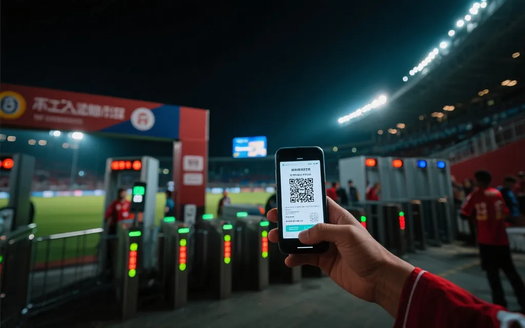 球迷手持手机展示电子票二维码，旁边有安检通道与指示牌，夜间灯光氛围