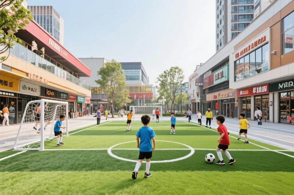 球迷、青少年训练和城市商业街景共同构成的世界杯城市生活画面